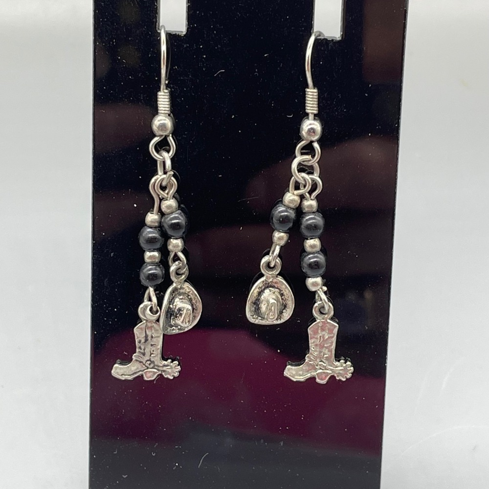 Western Cowboy Boot and Hat Dangle Earrings Silver Tone Black Beads Cowgirl